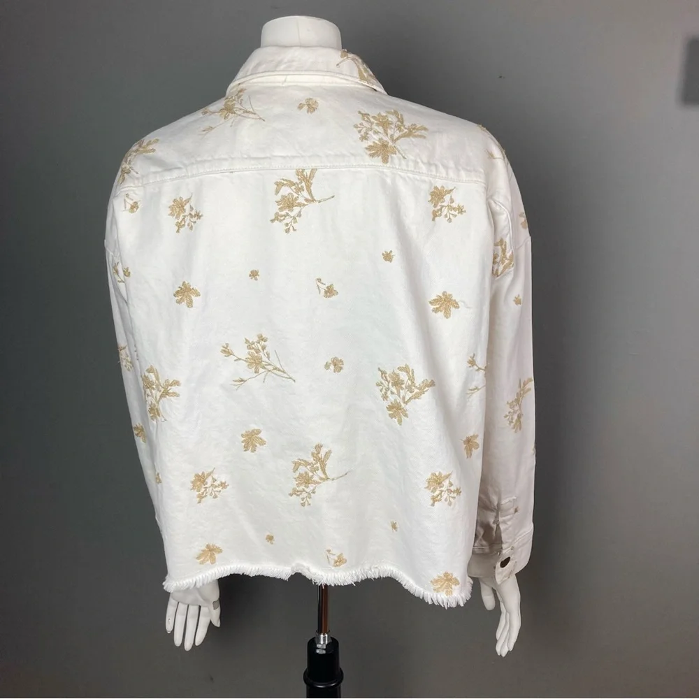 NEW Zara denim‎ jacket jean shirt white metallic floral embroidery extra small
